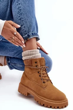 Damskie Cross Jeans Damskie Ocieplane Trapery Camel MM2R4011C