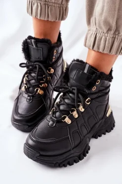 Boto Botki Sznurowane|Czarne Botki*Damskie Ocieplane Trapery Czarne Hareshaw