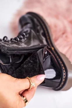 Damskie Boto Damskie Ocieplane Trapery Glany Lakierowane Czarne Thunder