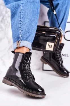 Damskie Boto Damskie Ocieplane Trapery Glany Lakierowane Czarne Thunder