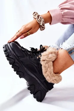 Boto Botki Sznurowane|Czarne Botki*Damskie Ocieplane Trapery Czarne Limerick