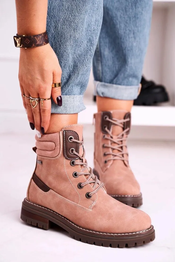 Boto Botki Sznurowane|Czarne Botki*Damskie Ocieplane Workery Trapery Różowe Timber