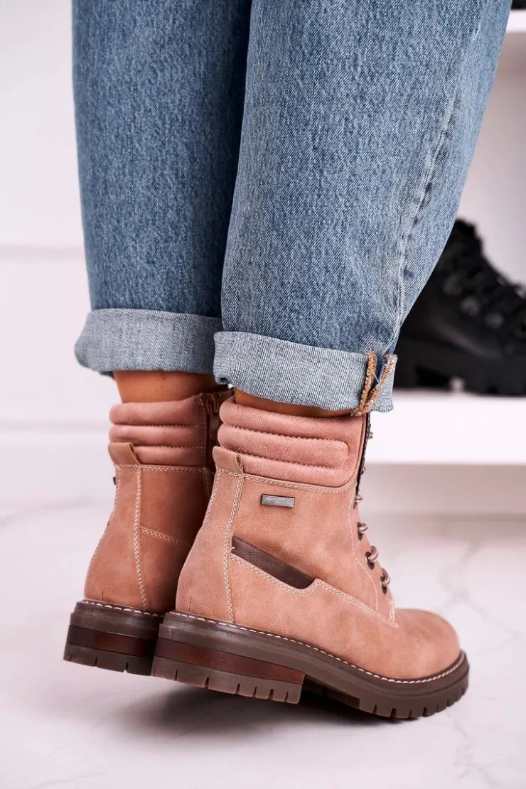 Boto Botki Sznurowane|Czarne Botki*Damskie Ocieplane Workery Trapery Różowe Timber