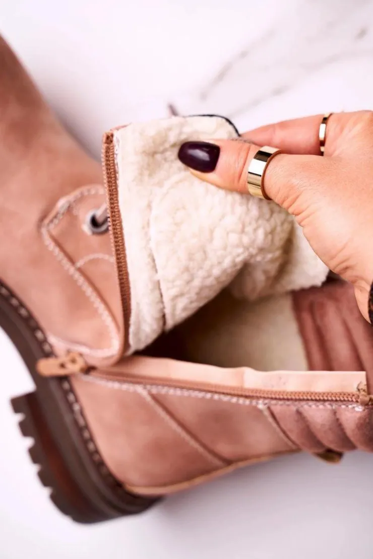 Boto Botki Sznurowane|Czarne Botki*Damskie Ocieplane Workery Trapery Różowe Timber