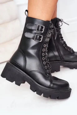 Big Star Shoes Damskie Trapery|Botki Sznurowane*Damskie Ocieplane Workery Big Star II274113 Czarne