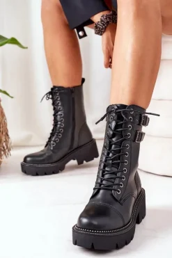 Big Star Shoes Damskie Trapery|Botki Sznurowane*Damskie Ocieplane Workery Big Star II274113 Czarne