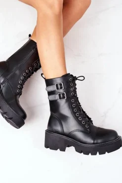 Big Star Shoes Damskie Trapery|Botki Sznurowane*Damskie Ocieplane Workery Big Star II274113 Czarne