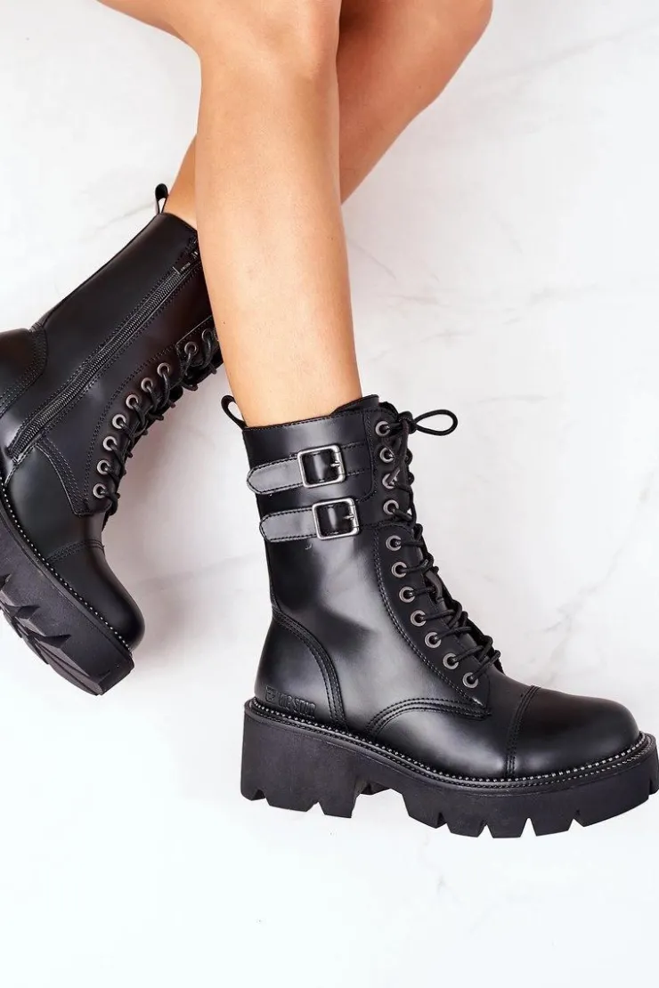 Big Star Shoes Damskie Trapery|Botki Sznurowane*Damskie Ocieplane Workery Big Star II274113 Czarne