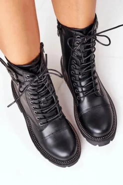 Big Star Shoes Damskie Trapery|Botki Sznurowane*Damskie Ocieplane Workery Big Star II274113 Czarne