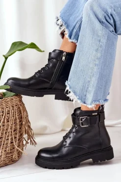 Cross Jeans Botki Ocieplane|Botki Sznurowane*Damskie Ocieplane Workery EE2R4086C Czarne