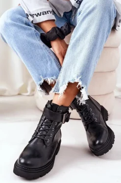 Cross Jeans Botki Ocieplane|Botki Sznurowane*Damskie Ocieplane Workery EE2R4086C Czarne