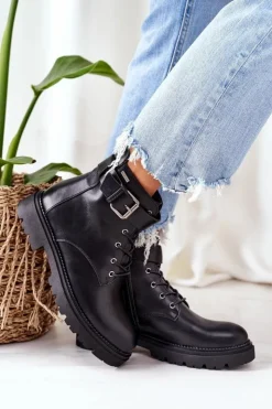 Cross Jeans Botki Ocieplane|Botki Sznurowane*Damskie Ocieplane Workery EE2R4086C Czarne