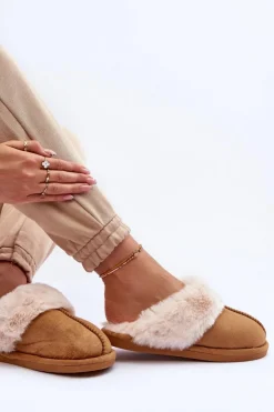 Boto Kapcie Klasyczne|Klapki Z Futerkiem*Damskie Papcie Klapki z Futerkiem Camel Pinky Brązowy