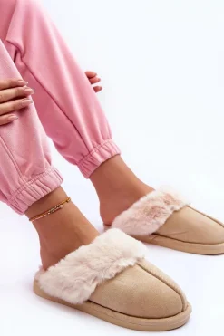 Damskie Boto Damskie Papcie Klapki z Futerkiem Jasnobeżowe Pinky