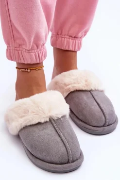 Damskie Boto Damskie Papcie Klapki z Futerkiem Szare Pinky