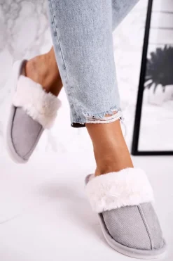 Outlet Boto Damskie Papcie Klapki z Futerkiem Szare Homely