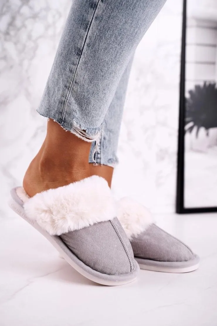 Outlet Boto Damskie Papcie Klapki z Futerkiem Szare Homely