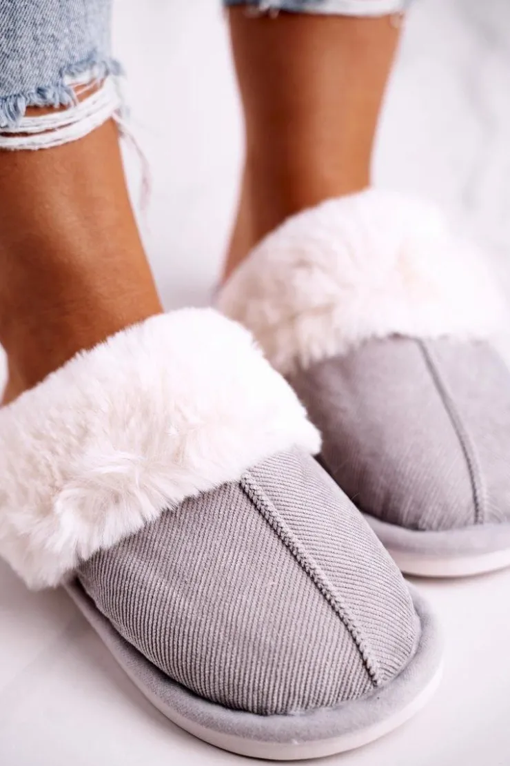 Outlet Boto Damskie Papcie Klapki z Futerkiem Szare Homely