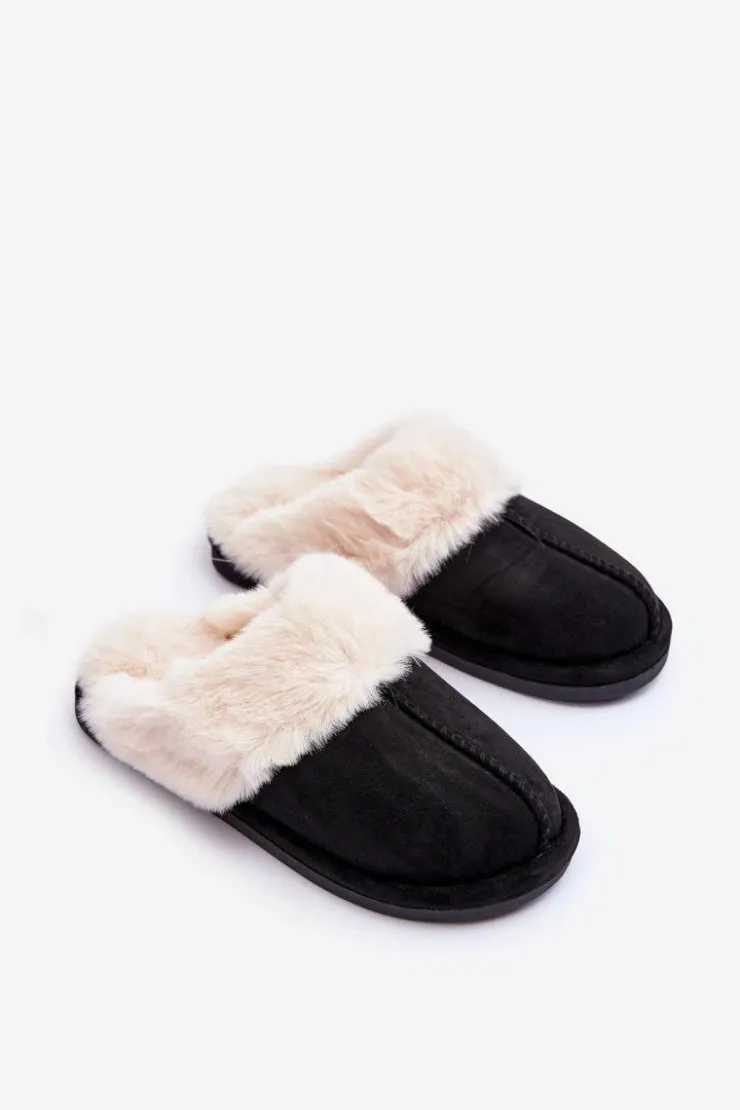Sale Boto Damskie Papcie Klapki z Futerkiem Czarne Pinky Czarny