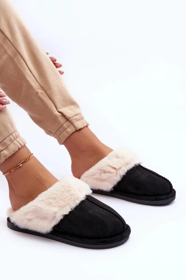 Sale Boto Damskie Papcie Klapki z Futerkiem Czarne Pinky Czarny