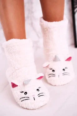 Best Aura.via Damskie Papcie Ocieplane Kożuszkiem Ecru Nyan Cat
