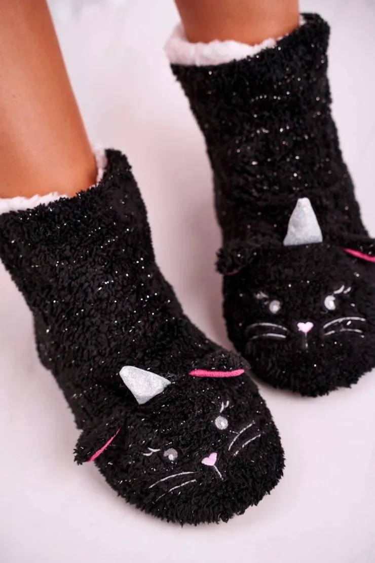 Discount Aura.via Damskie Papcie Ocieplane Kożuszkiem Czarne Nyan Cat