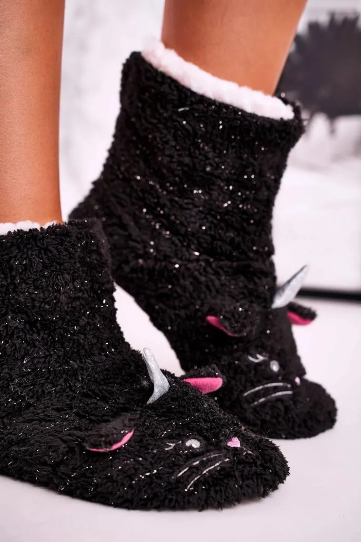 Discount Aura.via Damskie Papcie Ocieplane Kożuszkiem Czarne Nyan Cat