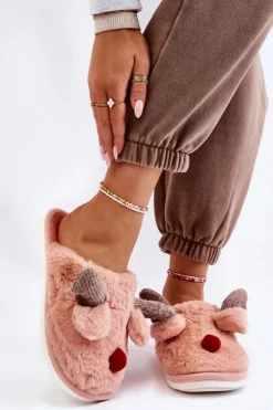 Boto Kapcie Klasyczne*Damskie Papcie Z Futerkiem I Reniferem Różowe Sopya