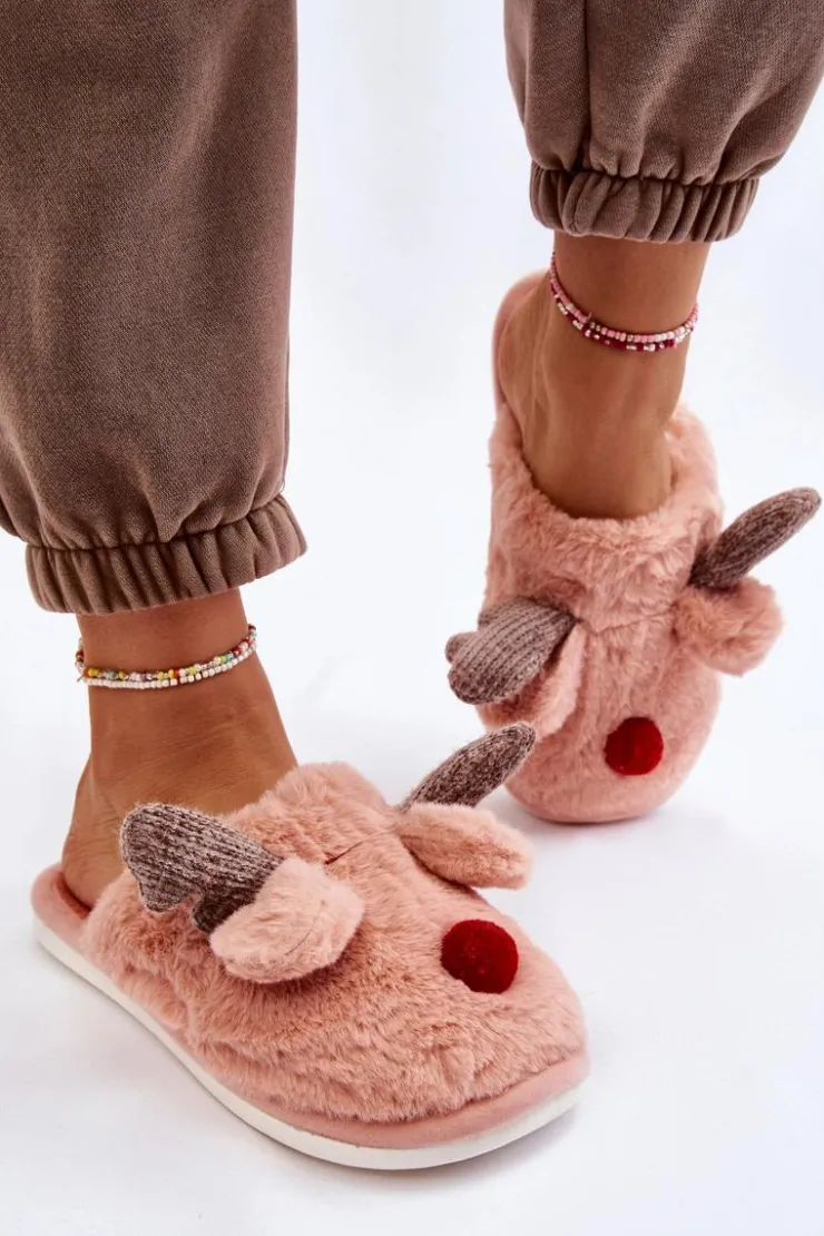 Boto Kapcie Klasyczne*Damskie Papcie Z Futerkiem I Reniferem Różowe Sopya