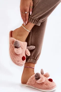 Boto Kapcie Klasyczne*Damskie Papcie Z Futerkiem I Reniferem Różowe Sopya