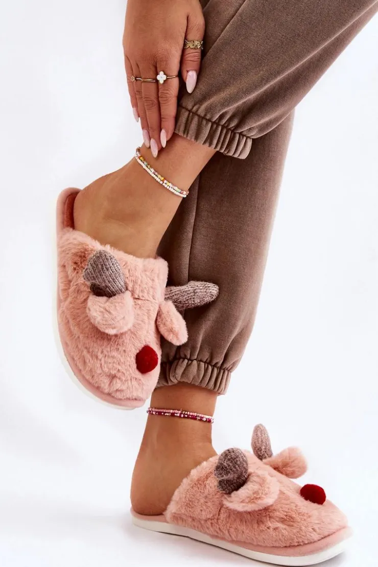 Boto Kapcie Klasyczne*Damskie Papcie Z Futerkiem I Reniferem Różowe Sopya