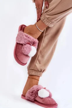 Damskie Boto Damskie Papcie Z Pomponami I Futerkiem Różowe Sahira