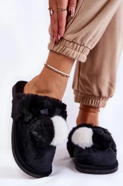 Boto Kapcie Klasyczne*Damskie Papcie Z Pomponami I Futerkiem Czarne Sahira