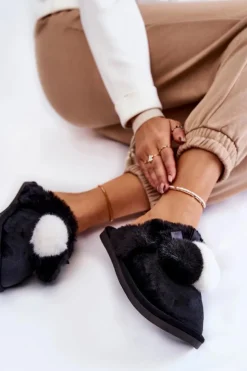 Boto Kapcie Klasyczne*Damskie Papcie Z Pomponami I Futerkiem Czarne Sahira