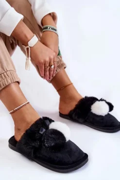 Boto Kapcie Klasyczne*Damskie Papcie Z Pomponami I Futerkiem Czarne Sahira
