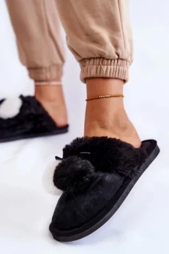 Boto Kapcie Klasyczne*Damskie Papcie Z Pomponami I Futerkiem Czarne Sahira