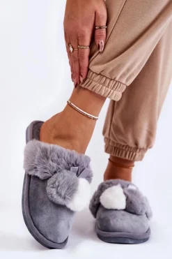 Boto Kapcie Klasyczne*Damskie Papcie Z Pomponami I Futerkiem Szare Sahira