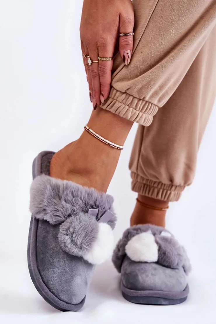 Boto Kapcie Klasyczne*Damskie Papcie Z Pomponami I Futerkiem Szare Sahira