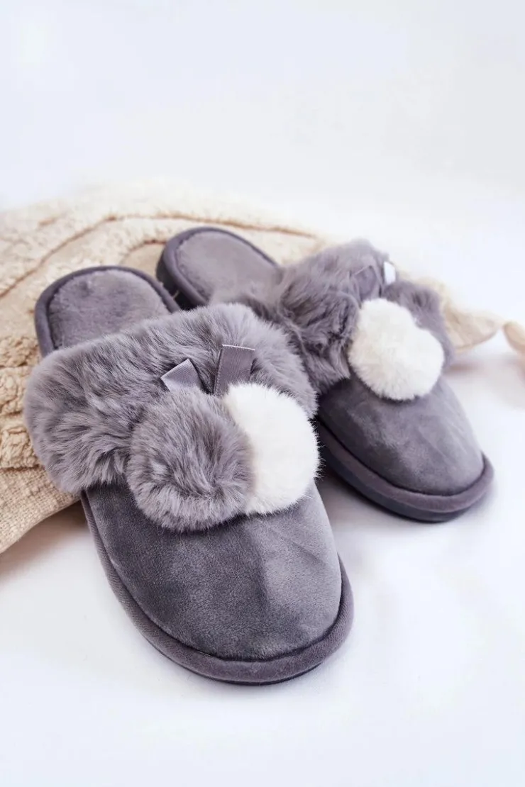 Boto Kapcie Klasyczne*Damskie Papcie Z Pomponami I Futerkiem Szare Sahira