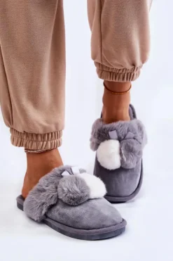 Boto Kapcie Klasyczne*Damskie Papcie Z Pomponami I Futerkiem Szare Sahira