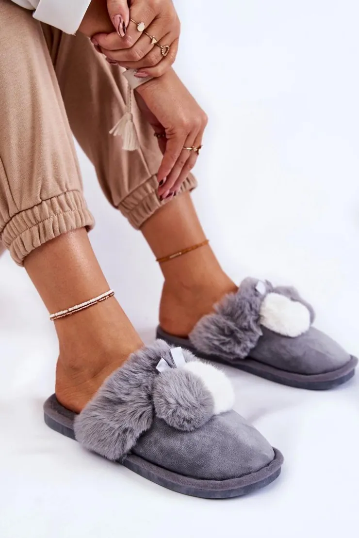 Boto Kapcie Klasyczne*Damskie Papcie Z Pomponami I Futerkiem Szare Sahira