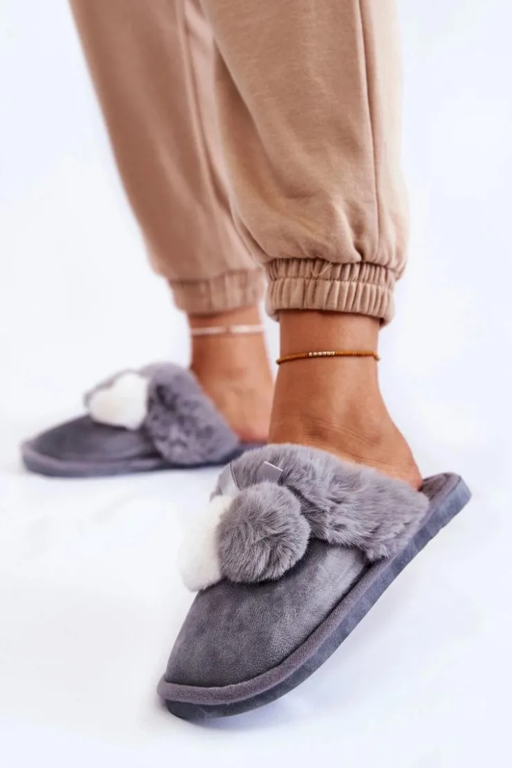 Boto Kapcie Klasyczne*Damskie Papcie Z Pomponami I Futerkiem Szare Sahira
