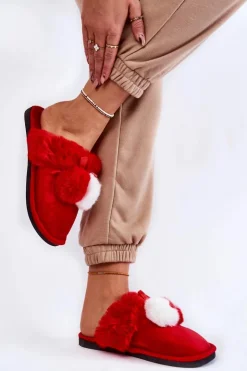 Discount Boto Damskie Papcie Z Pomponami I Futerkiem Czerwone Sahira