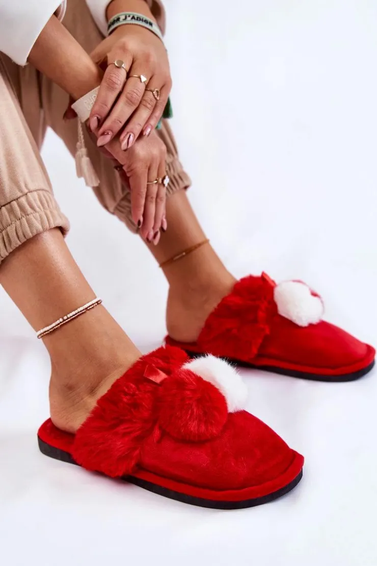 Discount Boto Damskie Papcie Z Pomponami I Futerkiem Czerwone Sahira