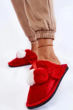 Discount Boto Damskie Papcie Z Pomponami I Futerkiem Czerwone Sahira