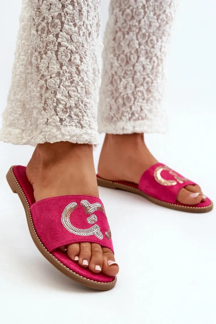 Damskie Damskie buty S.Barski Damskie Płaskie Klapki Z Cekinami S.Barski KV27-052 Fuksja