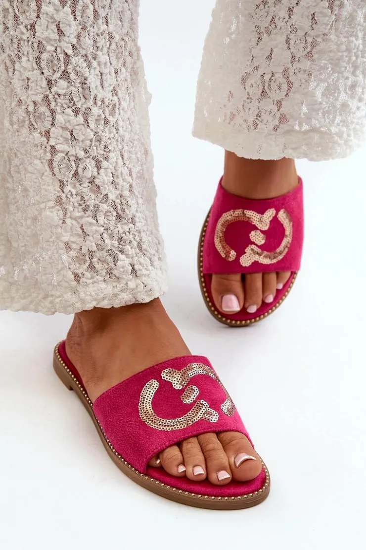 Damskie Damskie buty S.Barski Damskie Płaskie Klapki Z Cekinami S.Barski KV27-052 Fuksja