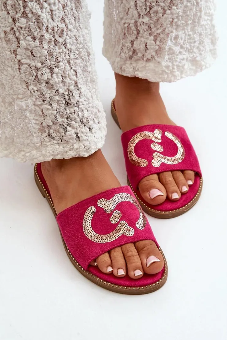 Damskie Damskie buty S.Barski Damskie Płaskie Klapki Z Cekinami S.Barski KV27-052 Fuksja