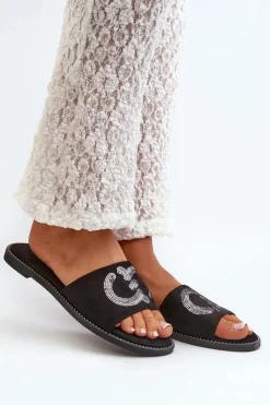 Damskie buty S.Barski Klapki Damskie Klasyczne*Damskie Płaskie Klapki Z Cekinami S.Barski KV27-052 Czarne Czarny