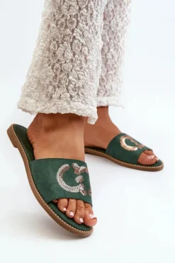 Damskie buty S.Barski Klapki Damskie Klasyczne*Damskie Płaskie Klapki Z Cekinami S.Barski KV27-052 Zielone Zielony